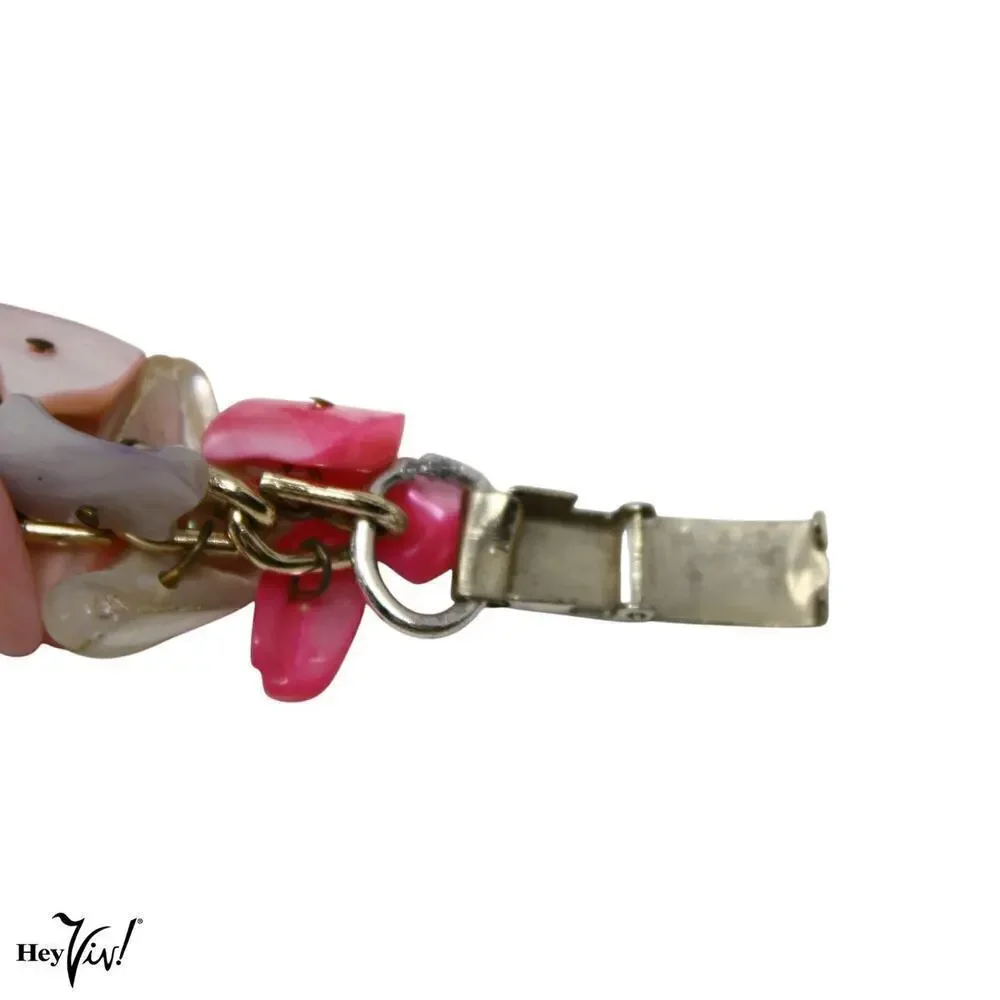 Vintage Chunky Shell Bracelet Clip On Earring Set Pink Shiny Beachy - Hey Viv